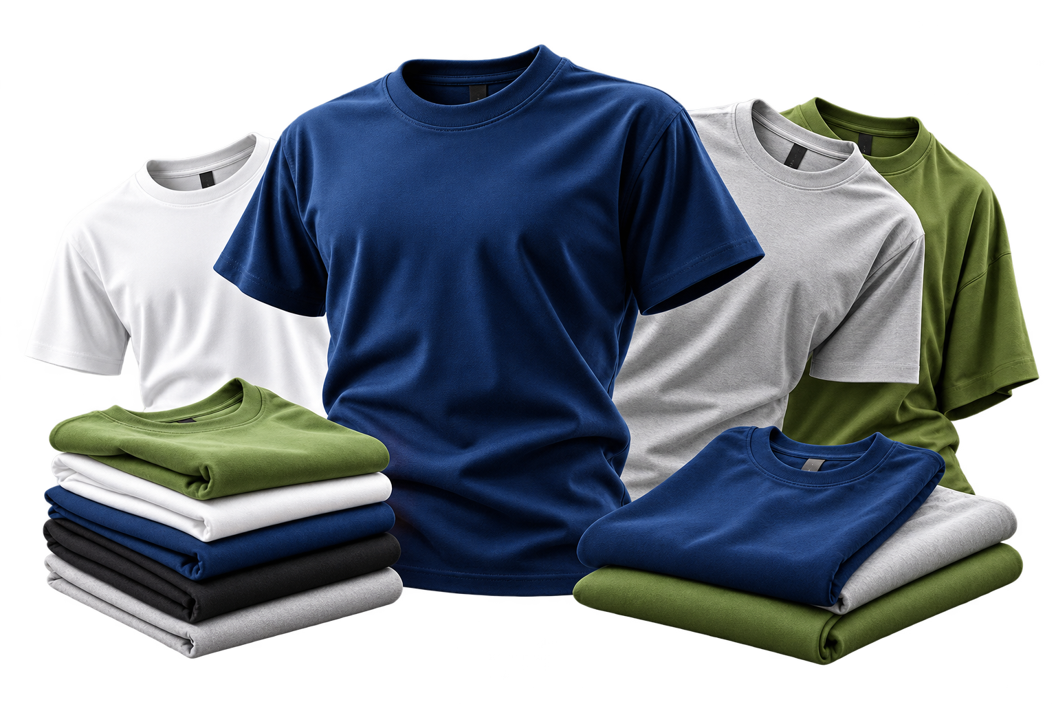 Composição de camisetas azuis, brancas, cinzas e verdes, abertas e dobradas