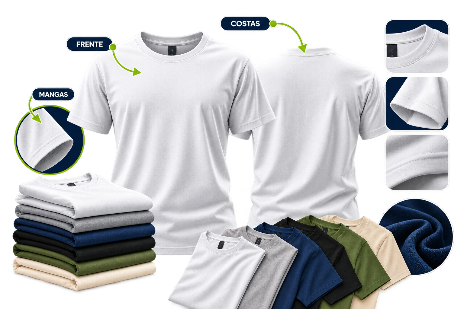 Camisetas em diferentes cores, vistas de frente e costas, com detalhes de mangas, gola e acabamento