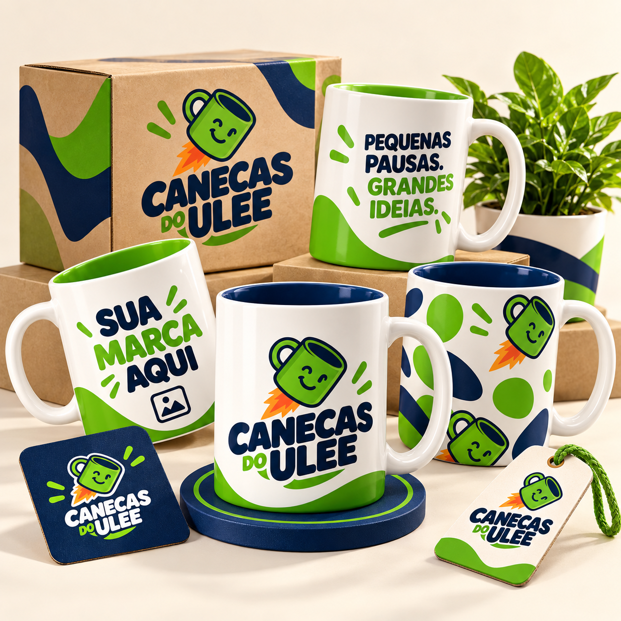 Composição comercial de canecas personalizadas, embalagem, etiqueta e elementos oficiais Canecas do Ulee