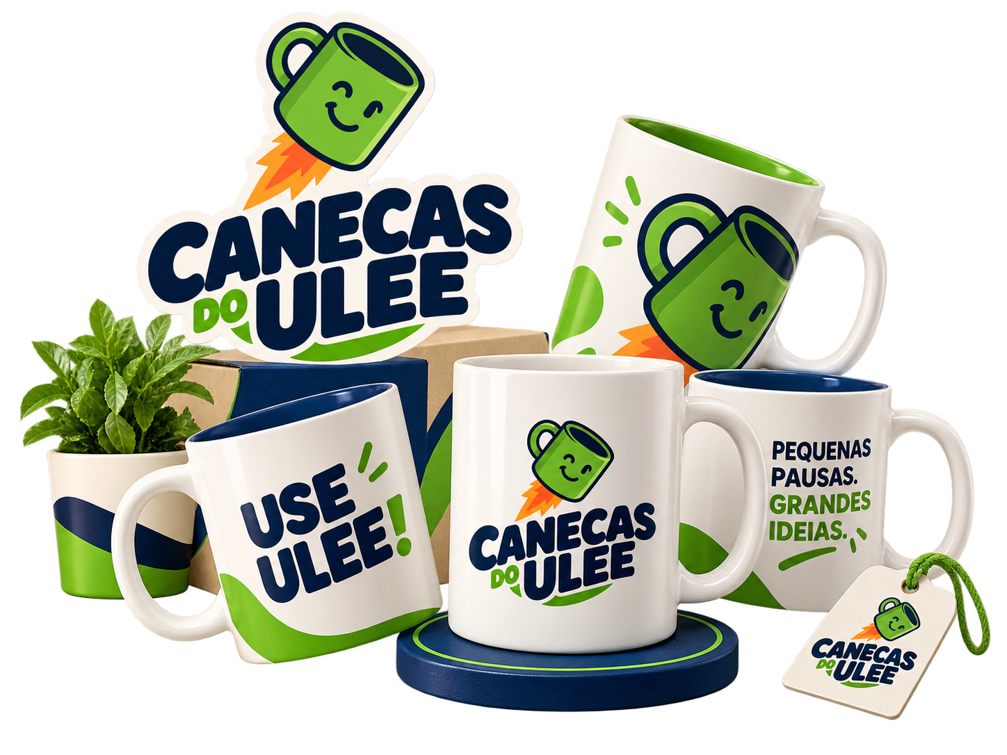 Composição oficial Canecas do Ulee com logo, canecas personalizadas, embalagem e elementos da marca