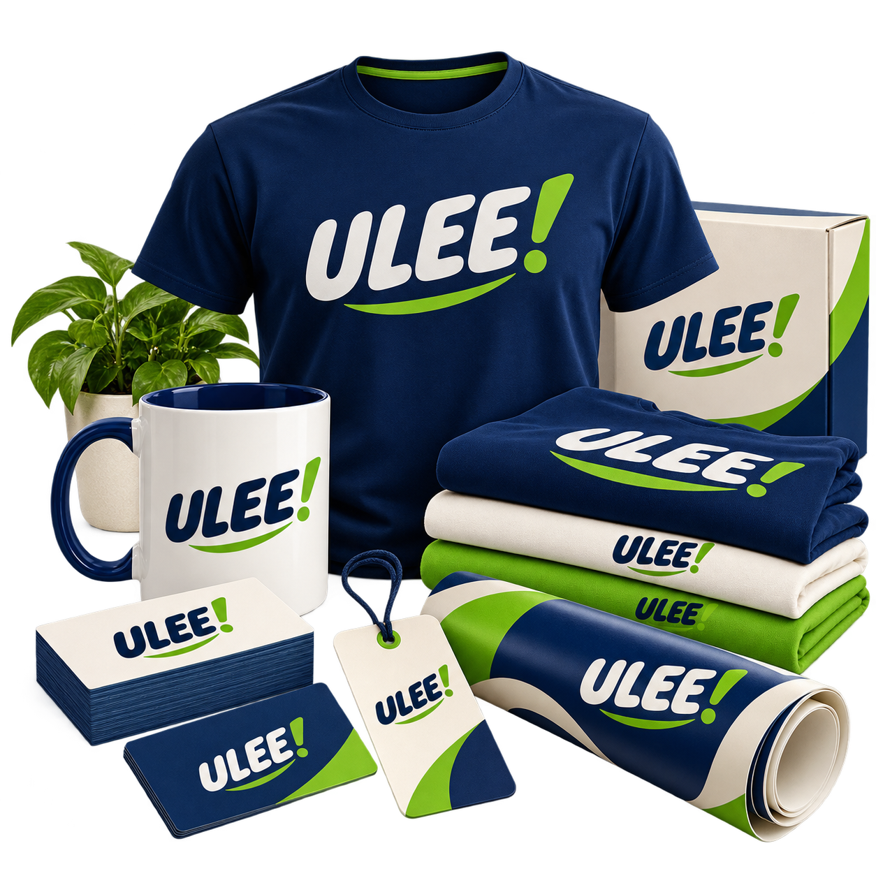 Composição oficial com camiseta, caneca e materiais gráficos Ulee