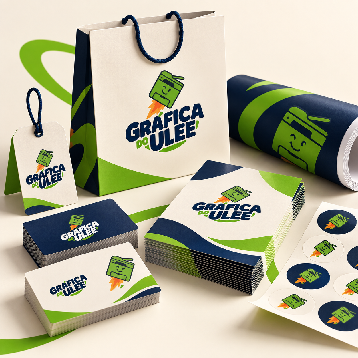 Composição oficial Gráfica do Ulee com sacola, cartões, impressos e adesivos