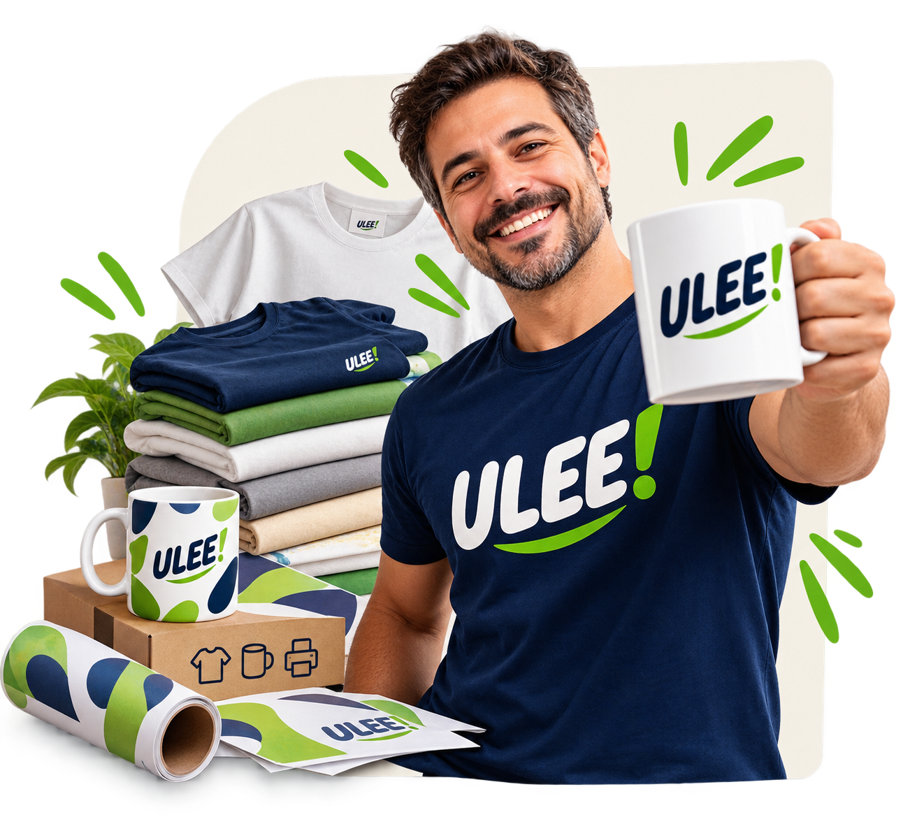 Pessoa usando camiseta Ulee e segurando caneca branca com logo Ulee