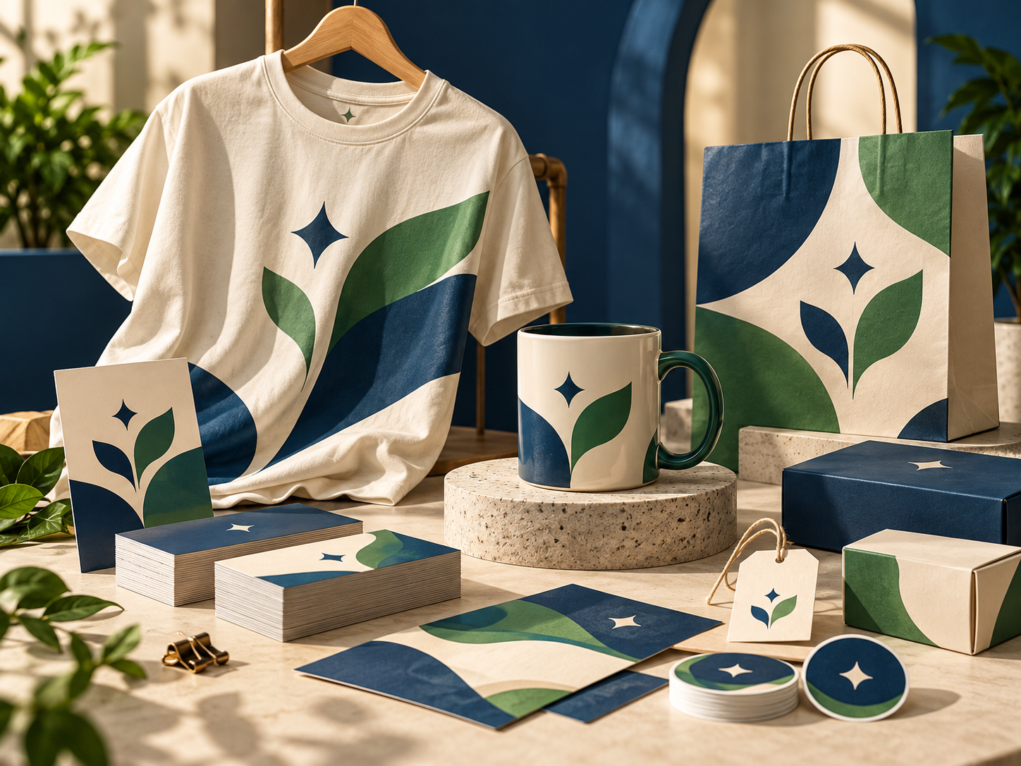 Camiseta, caneca e impressos com uma mesma composição orgânica em azul e verde