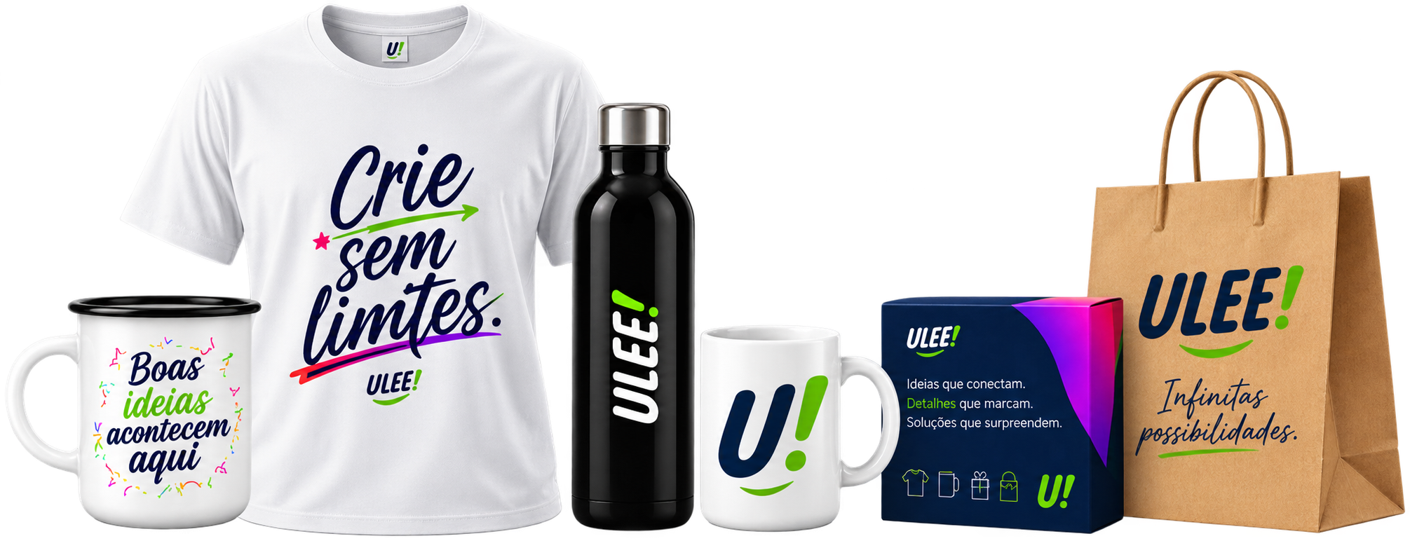 Exemplos de itens personalizados: camiseta, caneca e embalagem